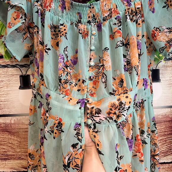 Boutique Maxi Dress Sz 1X Floral High Low Sheer Floral Boho Ruffle Short Sleeve - Picture 4 of 8